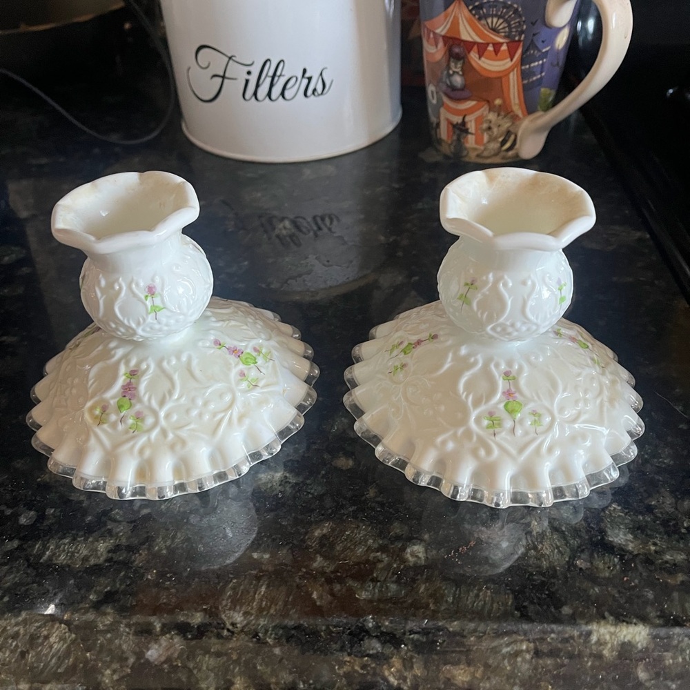 Hand Painted Fenton Silvercrest Violets in the Snow Candlesticks